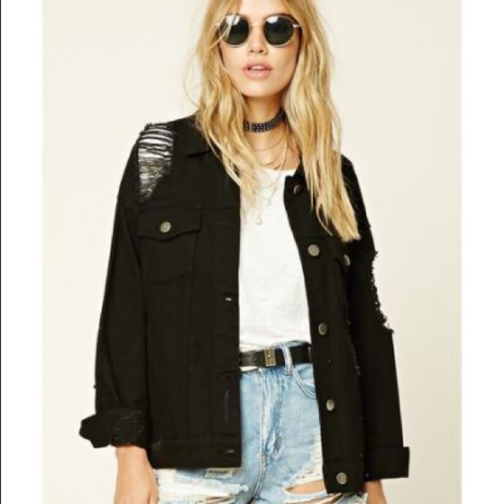 Distressed ripped black denim jacket forever 21